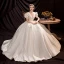 Victorian Style Vintage / Retro Affordable Ivory Ball Gown Wedding Dresses 2021 Deep V-Neck Bow Short Sleeve Backless Floor-Length / Long Wedding