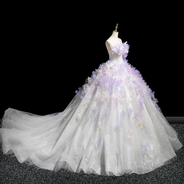 Flower Fairy Lavender Appliques White Prom Dresses 2025 Ball Gown Strapless Sleeveless Backless Court Train Prom Formal Dresses