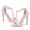 Charming White Wedding Shoes 2018 Lace Flower Rhinestone Ankle Strap Pearl T-Strap 9 cm Stiletto Heels Open / Peep Toe Wedding High Heels