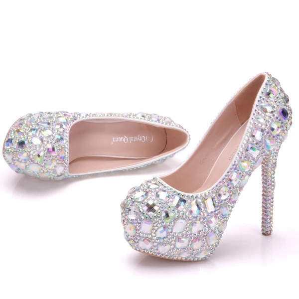 Sparkly Sølv Brudesko 2018 Krystall Rhinestone 14 cm Stiletthæler Rund Tå Bryllup Pumps