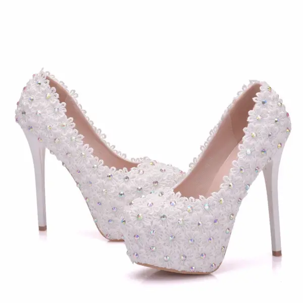 Chic / Beautiful White Wedding Shoes 2018 Lace Flower Rhinestone 14 cm Stiletto Heels Round Toe Wedding Pumps