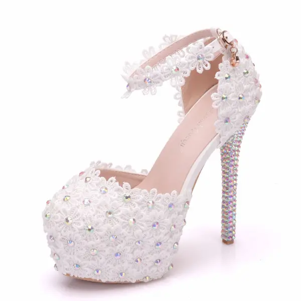 Chic / Beautiful White Wedding Shoes 2018 Lace Flower Rhinestone 14 cm Stiletto Heels Wedding Round Toe High Heels
