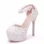 Chic / Beautiful White Wedding Shoes 2018 Lace Flower Rhinestone 14 cm Stiletto Heels Wedding Round Toe High Heels
