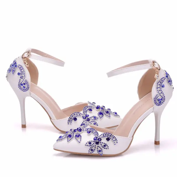 Schöne Weiß Brautschuhe 2018 Strass Knöchelriemen 9 cm Stilettos Spitzschuh Hochzeit Hochhackige