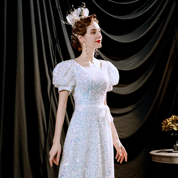 Scintillantes Blanche Robe De Soirée 2021 Princesse Encolure Dégagée Paillettes Manches Courtes Dos Nu Longue Robe De Ceremonie