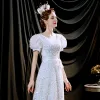 Sparkly White Evening Dresses  2021 A-Line / Princess Scoop Neck Sequins Short Sleeve Backless Floor-Length / Long Formal Dresses