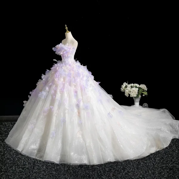 Flower Fairy Lavender Appliques White Prom Dresses 2025 Ball Gown Strapless Sleeveless Backless Court Train Prom Formal Dresses