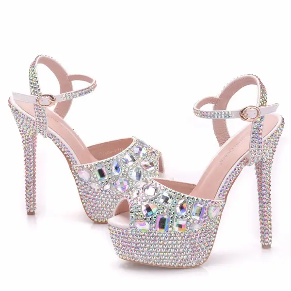 Sparkly Silver Wedding Shoes 2018 Crystal Rhinestone Ankle Strap 14 cm Stiletto Heels Open / Peep Toe Wedding High Heels