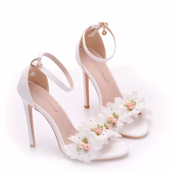 Schöne Weiß Brautschuhe 2018 Applikationen Strass Knöchelriemen 11 cm Stilettos Peeptoes Hochzeit Hochhackige