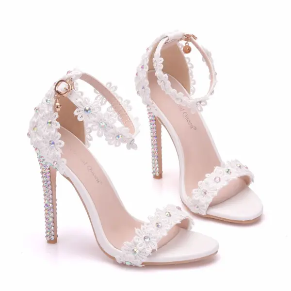 Modern / Fashion White Wedding Shoes 2018 Lace Flower Rhinestone Ankle Strap 11 cm Stiletto Heels Open / Peep Toe Wedding High Heels
