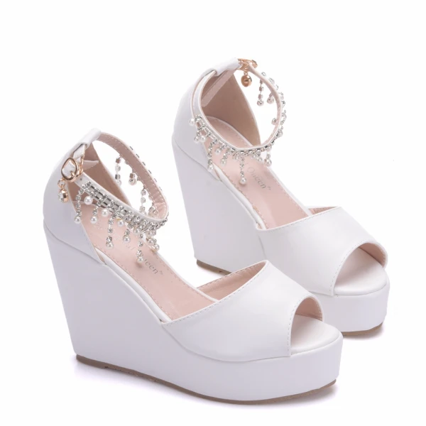 Mote Hvit Casual Kilehæl Damesko 2018 Perle Rhinestone Dusk Ankelstropp Peep Toe