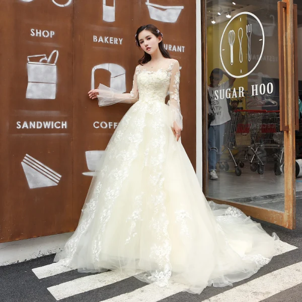 Chic / Beautiful Champagne Wedding Dresses 2018 A-Line / Princess Lace Flower Backless Scoop Neck Long Sleeve Court Train Wedding