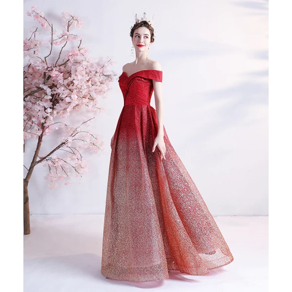 Sparkly Sexy Gradient-Color Red Prom Dresses 2021 A-Line Princess Off-The-Shoulder Long Sparkly Sexy Gradient-Color Red Prom Dresses 2021 A-Line Princess Off-The-Shoulder Long