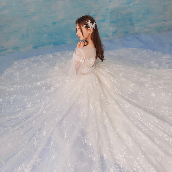 Chic / Beautiful Ivory Wedding Dresses 2018 A-Line / Princess Star Tulle Lace Flower Scoop Neck Backless 1/2 Sleeves Chapel Train Wedding