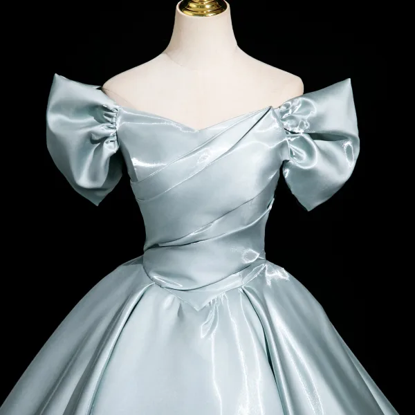 Chic / Beautiful Sky Blue Prom Dresses 2025 Ball Gown Off-The-Shoulder Short Sleeve Backless Floor-Length / Long Prom Formal Dresses