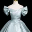 Chic / Beautiful Sky Blue Prom Dresses 2025 Ball Gown Off-The-Shoulder Short Sleeve Backless Floor-Length / Long Prom Formal Dresses