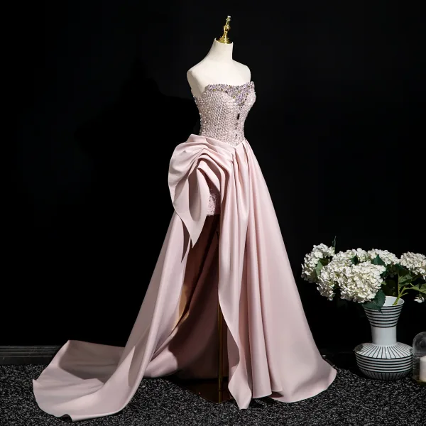 Sexy Rosa Perlenstickerei Strass Pailletten Abendkleider 2025 A Linie Bandeau Ärmellos Rückenfreies Gespaltete Front Sweep / Pinsel Zug Abend Festliche Kleider