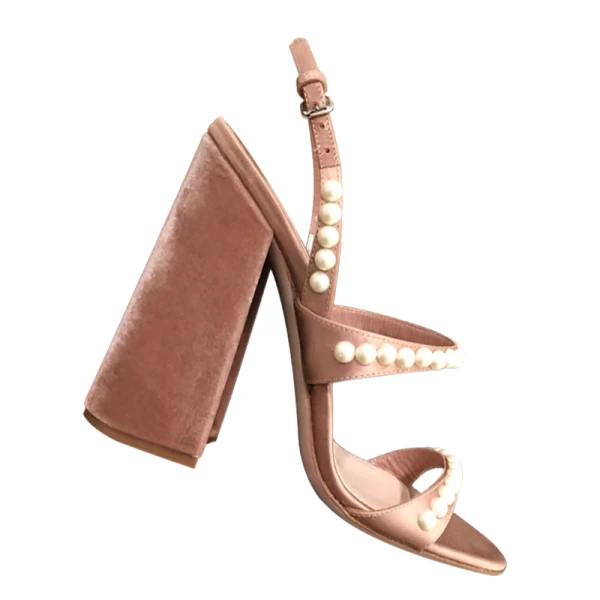 Sexy Nude Street Wear Pearl Womens Sandals 2020 Slingbacks 9 cm Thick Heels Open / Peep Toe Sandals