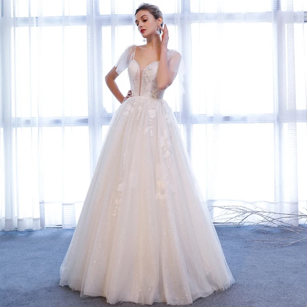 Chic / Beautiful White Wedding Dresses 2018 A-Line / Princess Glitter Tulle Crystal Spaghetti Straps Sleeveless Floor-Length / Long Wedding