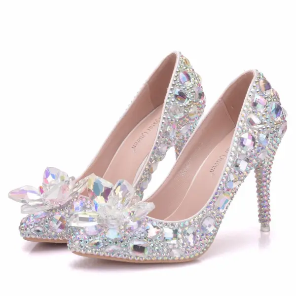 Błyszczące Srebrny Buty Ślubne 2018 Kryształ Rhinestone 9 cm Szpilki Okrągłe Toe Ślub Czółenka