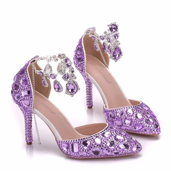 Charmant Lila Brautschuhe 2018 Kristall Knöchelriemen 9 cm Stilettos Spitzschuh Hochzeit Hochhackige