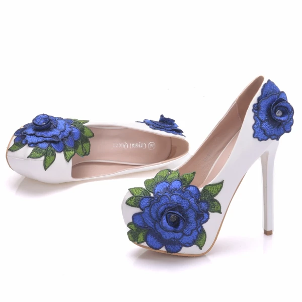 Fine Hvit Brudesko 2018 Appliques Blonder 14 cm Stiletthæler Rund Tå Bryllup Pumps