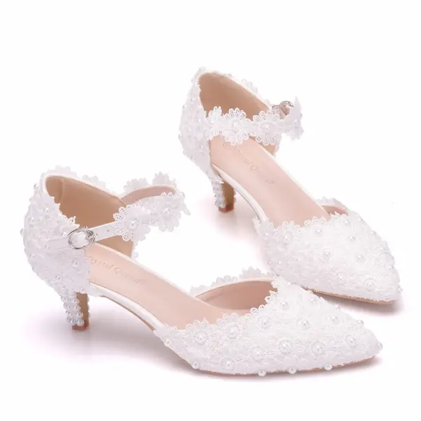 Chic / Beautiful White Wedding Shoes 2018 Lace Pearl Buckle 5 cm Stiletto Heels Pointed Toe Wedding High Heels