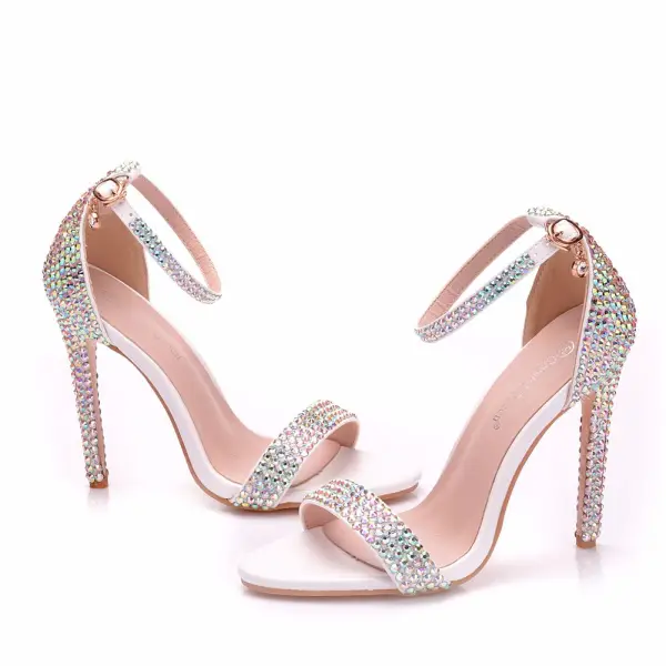 Schöne Weiß Brautschuhe 2018 Strass Knöchelriemen 11 cm Stilettos Peeptoes Hochzeit Hochhackige