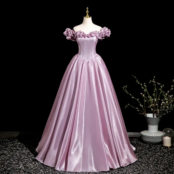 Elegant Blushing Pink Satin Prom Dresses 2025 Ball Gown Ruffle Off-The-Shoulder Sleeveless Backless Floor-Length / Long Prom Formal Dresses