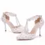 Modern / Fashion White Wedding Shoes 2018 Lace Flower Rhinestone Pearl T-Strap Ankle Strap 9 cm Stiletto Heels Pointed Toe Wedding High Heels