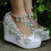 Sparkly White Wedding Shoes 2018 Rhinestone Crystal Round Toe Wedding Wedges Sandals