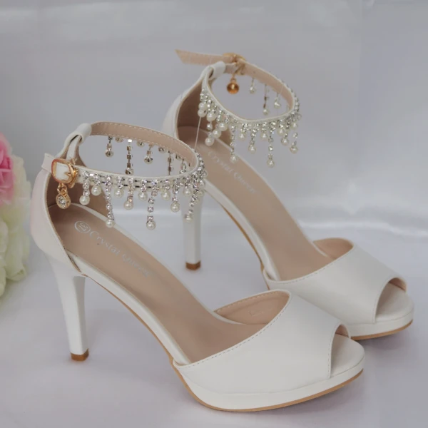Schöne Weiß Brautschuhe 2018 Perle Strass Knöchelriemen 7 cm Stilettos Peeptoes Hochzeit Hochhackige