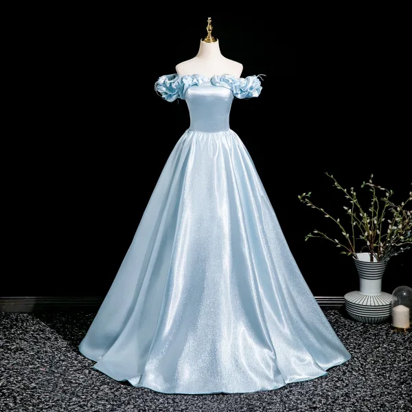Elegant Sky Blue Appliques Prom Dresses 2025 Ball Gown Off-The-Shoulder Short Sleeve Backless Floor-Length / Long Prom Formal Dresses