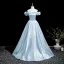 Elegant Sky Blue Appliques Prom Dresses 2025 Ball Gown Off-The-Shoulder Short Sleeve Backless Floor-Length / Long Prom Formal Dresses