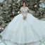 Luxury / Gorgeous White Wedding Dresses Ball Gown 2021 Scoop Neck Beading Pearl Short Sleeve Backless Royal Train Wedding