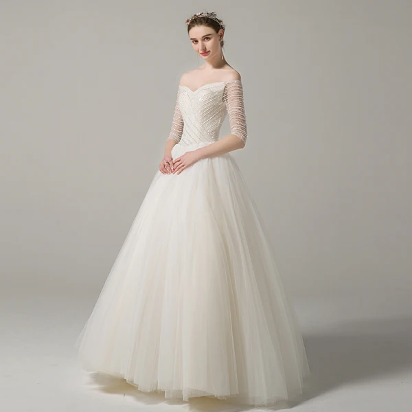 Chic / Beautiful Champagne Wedding Dresses 2018 A-Line / Princess Beading Off-The-Shoulder Backless 3/4 Sleeve Floor-Length / Long Wedding