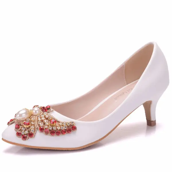 Style Chinois Blanche Chaussure De Mariée 2018 Perlage Papillon Faux Diamant Cristal Perle 5 cm Talons Aiguilles À Bout Pointu Mariage Escarpins