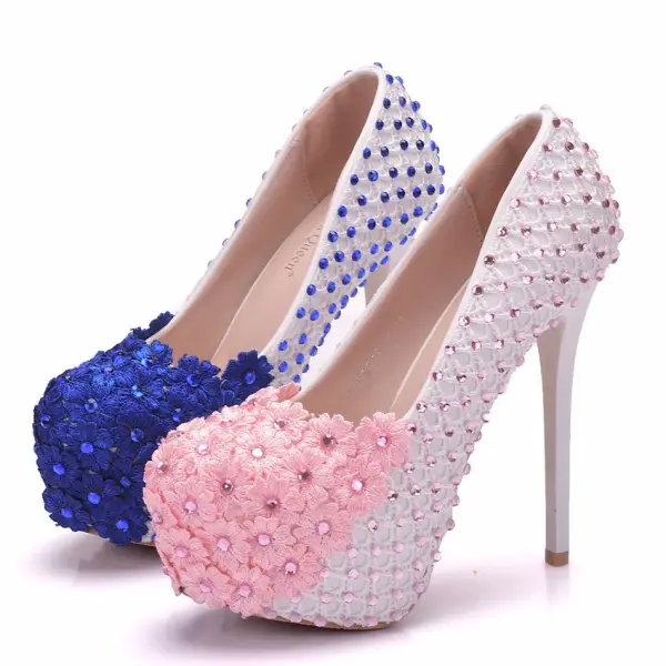 Lovely Blushing Pink Wedding Shoes 2018 Lace Flower Rhinestone 14 cm Stiletto Heels Round Toe Wedding Pumps