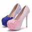 Lovely Blushing Pink Wedding Shoes 2018 Lace Flower Rhinestone 14 cm Stiletto Heels Round Toe Wedding Pumps