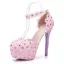 Charmant Rose Bonbon Chaussure De Mariée 2018 En Dentelle Fleur Faux Diamant Bride Cheville 11 cm Talons Aiguilles À Bout Rond Mariage Escarpins
