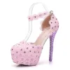 Lovely Candy Pink Wedding Shoes 2018 Lace Flower Rhinestone Ankle Strap 11 cm Stiletto Heels Round Toe Wedding Pumps
