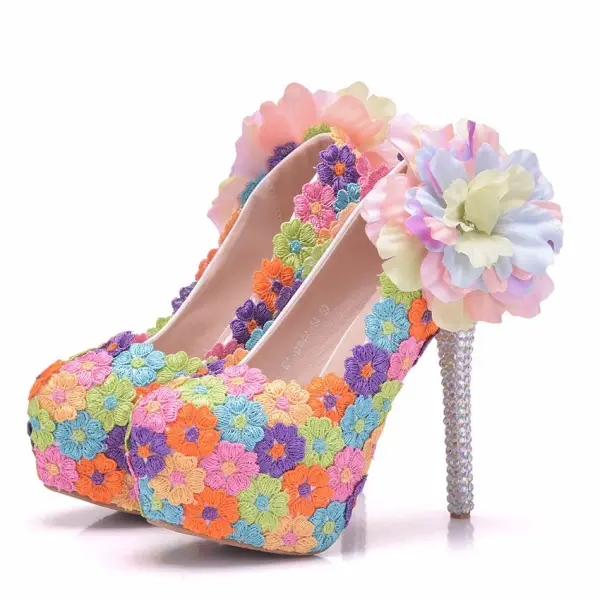 Flower Fairy Multi-Colors Prom Pumps 2018 Lace Handmade  Flower 14 cm Rhinestone Stiletto Heels Round Toe Pumps