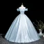 Elegant Sky Blue Appliques Prom Dresses 2025 Ball Gown Off-The-Shoulder Short Sleeve Backless Floor-Length / Long Prom Formal Dresses