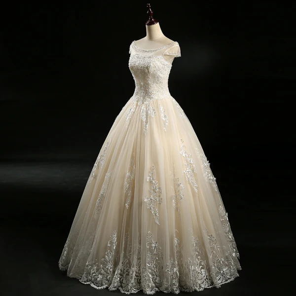Chic / Beautiful Champagne Wedding Dresses 2018 Ball Gown Beading Sequins Scoop Neck Short Sleeve Floor-Length / Long Wedding