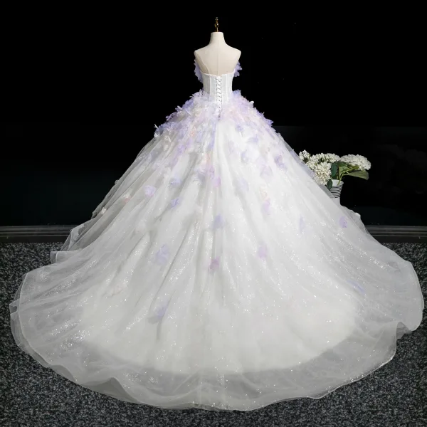 Flower Fairy Lavender Appliques White Prom Dresses 2025 Ball Gown Strapless Sleeveless Backless Court Train Prom Formal Dresses