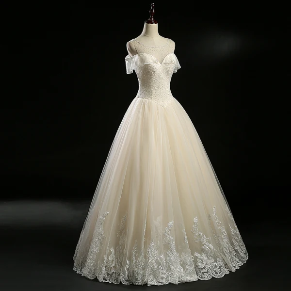 Chic / Belle Champagne Robe De Mariée 2018 Princesse Perlage Paillettes Dos Nu Encolure Dégagée Sans Manches Longue Mariage
