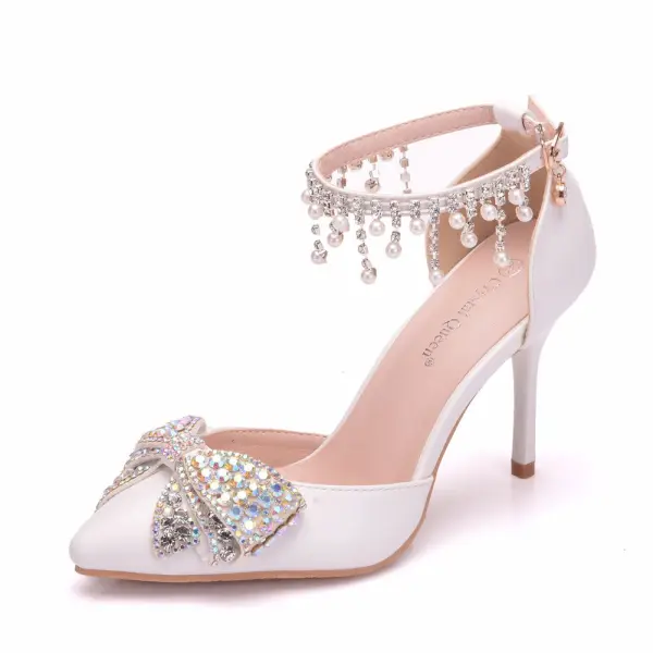 Modern / Fashion White Wedding Shoes 2018 Pearl Rhinestone Tassel 9 cm Stiletto Heels Pointed Toe Wedding High Heels