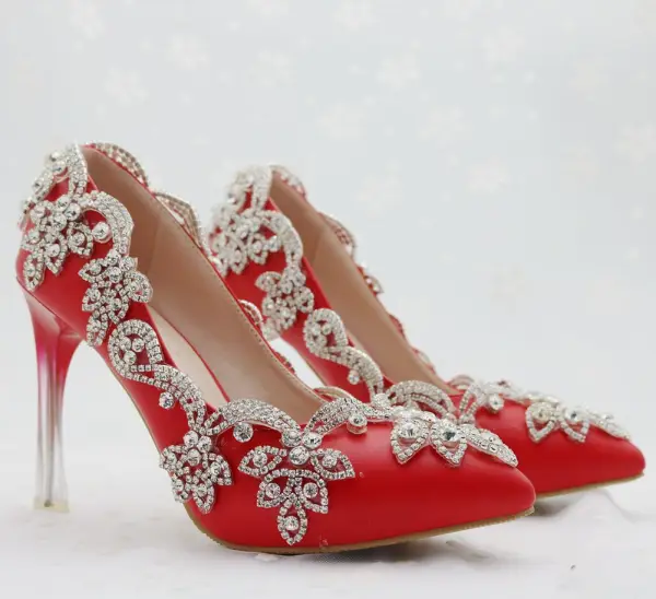 Chinese style Red Wedding Shoes 2018 Rhinestone 9 cm Crystal Stiletto Heels Pointed Toe Wedding Pumps