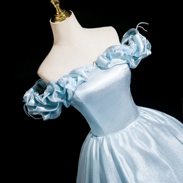 Elegant Sky Blue Appliques Prom Dresses 2025 Ball Gown Off-The-Shoulder Short Sleeve Backless Floor-Length / Long Prom Formal Dresses