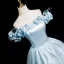 Elegant Sky Blue Appliques Prom Dresses 2025 Ball Gown Off-The-Shoulder Short Sleeve Backless Floor-Length / Long Prom Formal Dresses